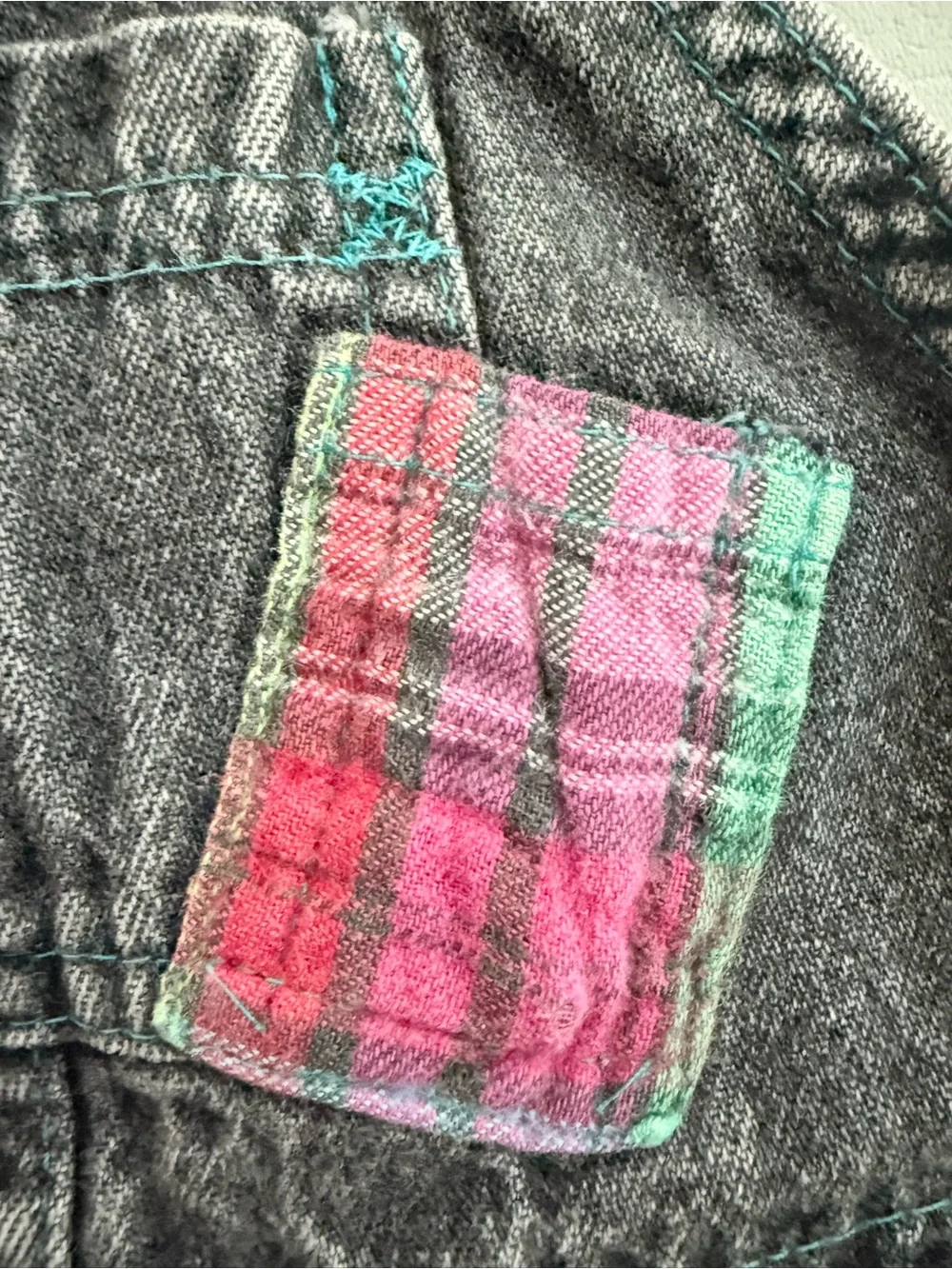 Vintage Oshkosh 80s Overalls Black Wash with Plaid Appliqué & Lining size 3T
